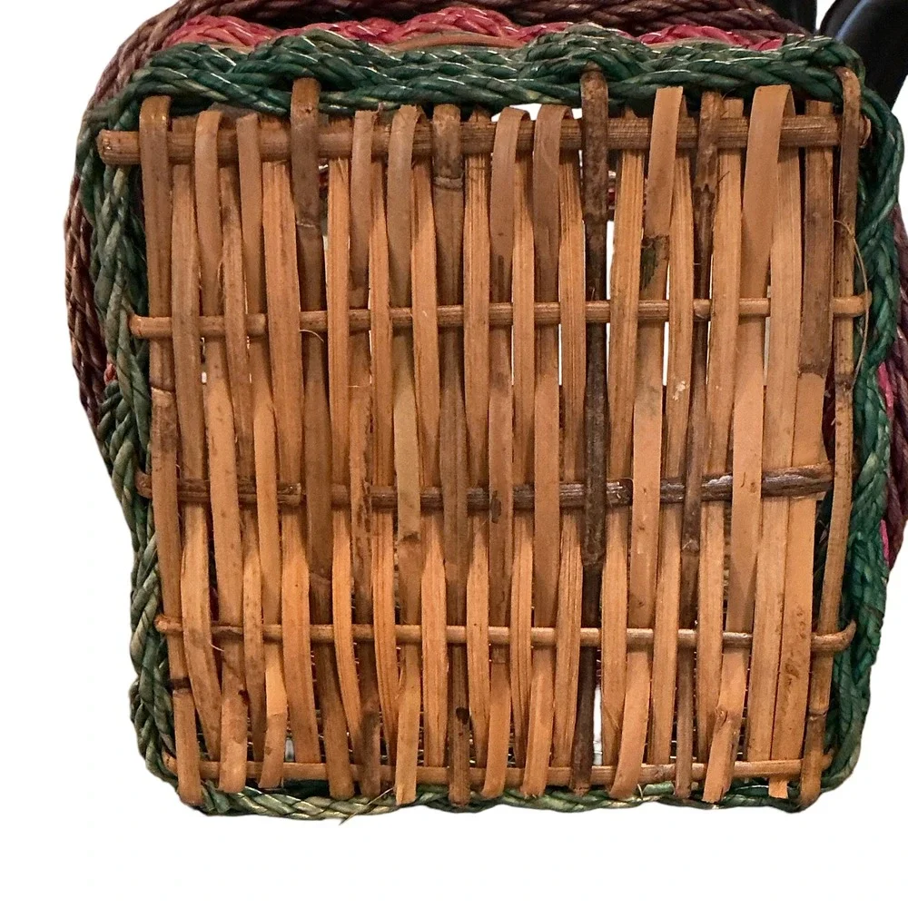 Vintage Woven Wicker Basket Square Multi Color Green Pink Brown 15x11x11